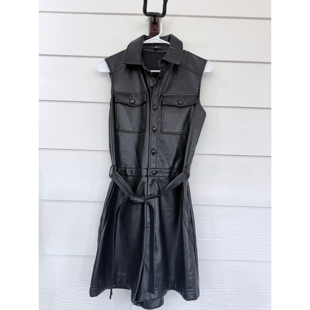 B- 58- 7 For All Mankind Black Faux Leather Sleeveless Belted Utility Romper